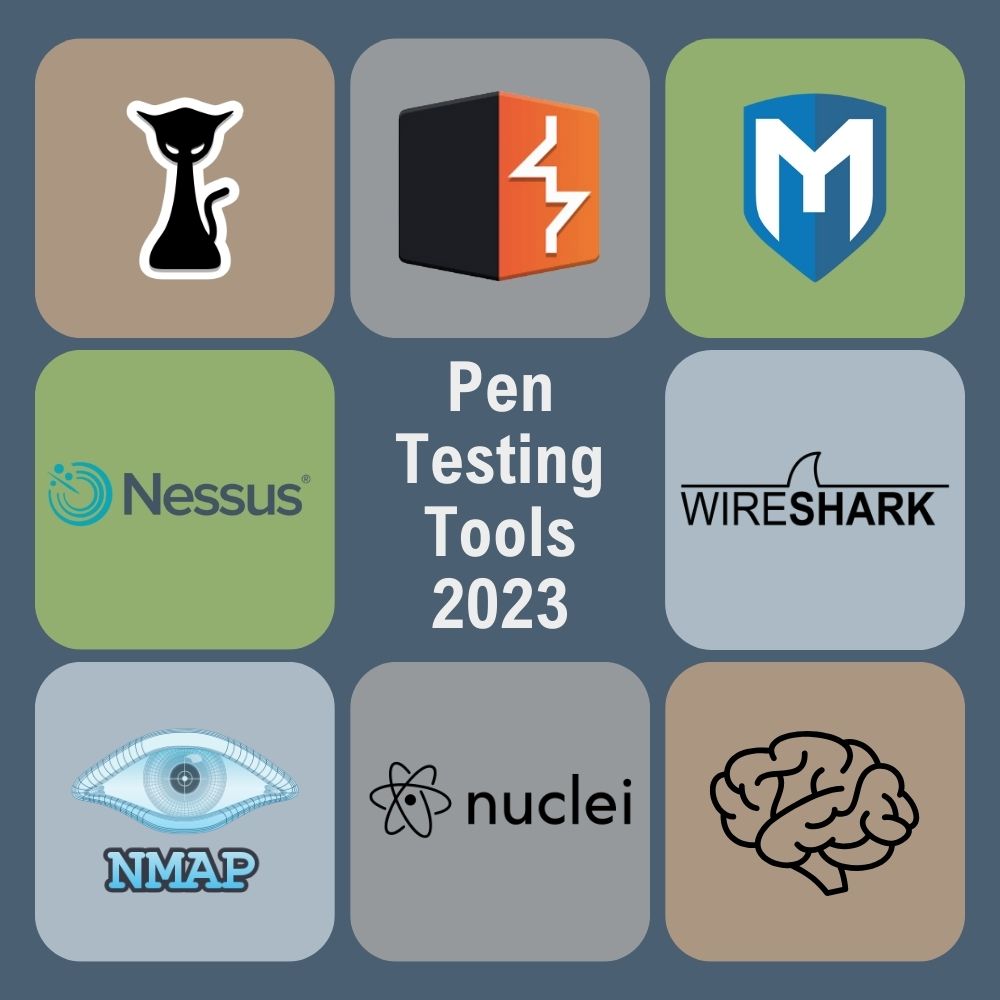 The image shows various web application penetration testing tools, such as Burp Suite, Hashcat, Wireshark, NMAP, Nessus, Nuclei and a human brain. 