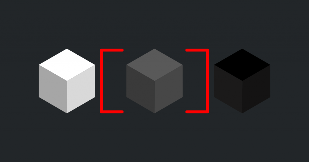 The image shows three boxes, a grey box, a white box and a black box. 