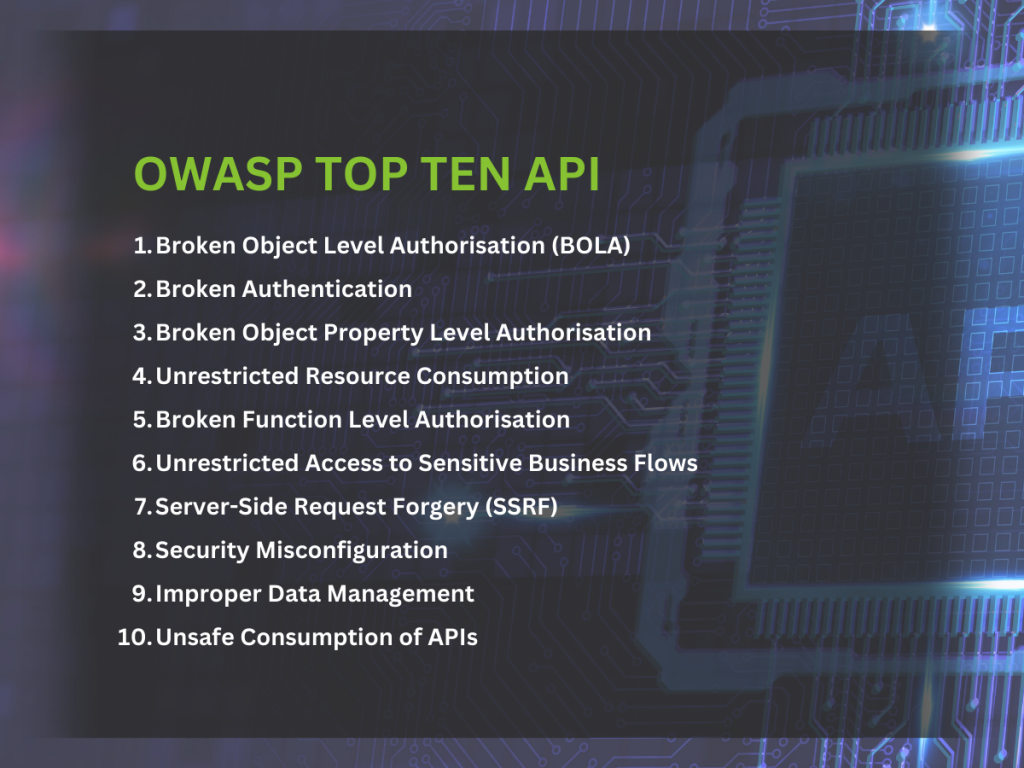 The image shows common API Security Testing vulnerabilities, the list details the top ten issues as compiled by OWASP. 