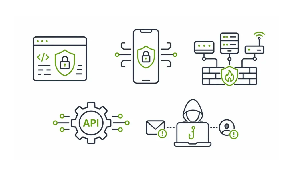 Five icons showing the various types of penetration testing.