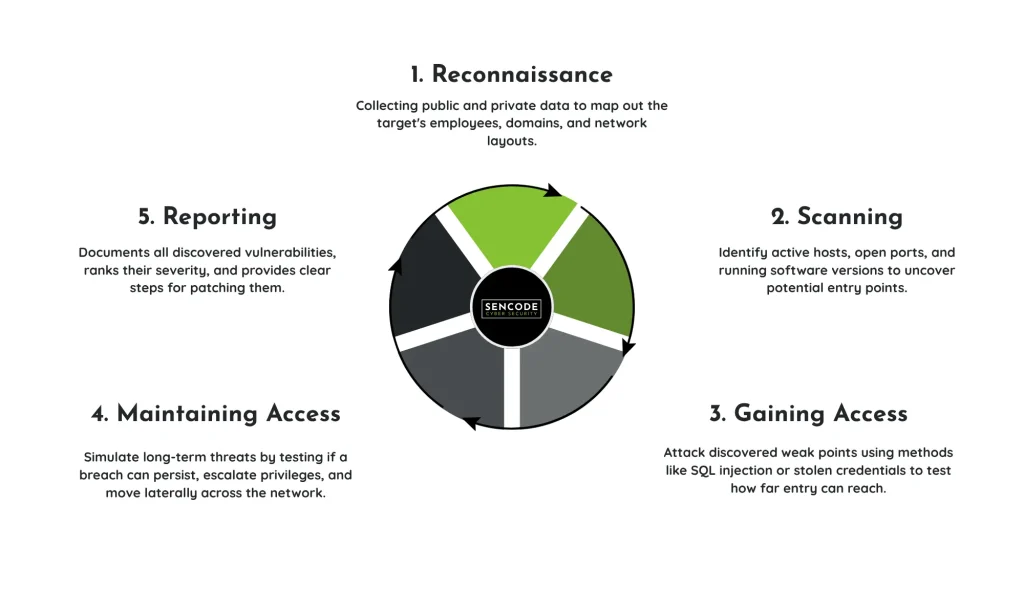Circular flow diagram showing the lifecycle of a pen test from reconnaissance through to reporting.